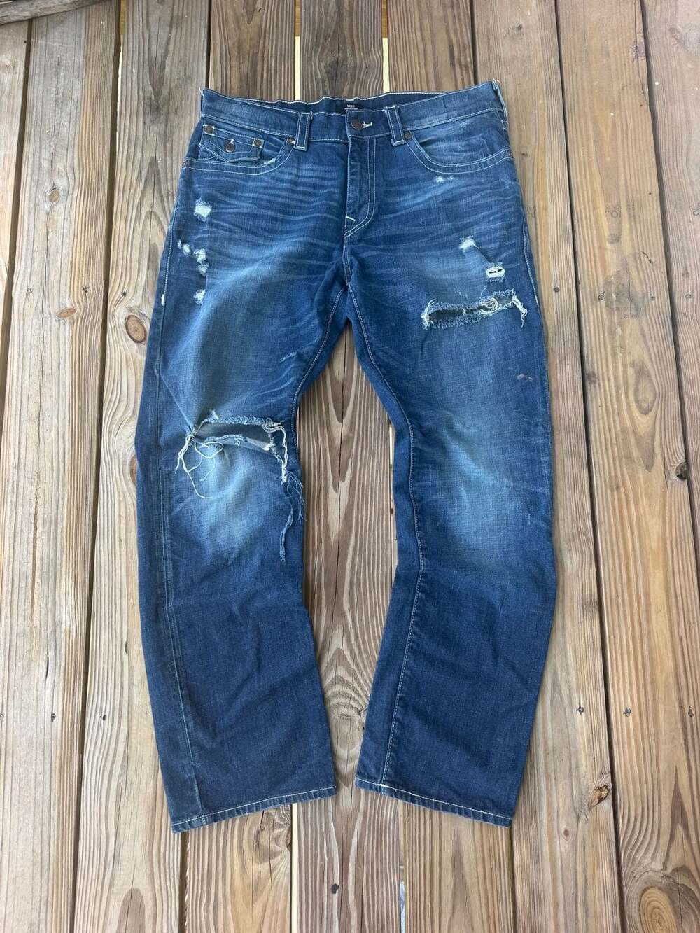 True Religion Ricky Relaxed Straight Jeans Size 36 Blue Distressed